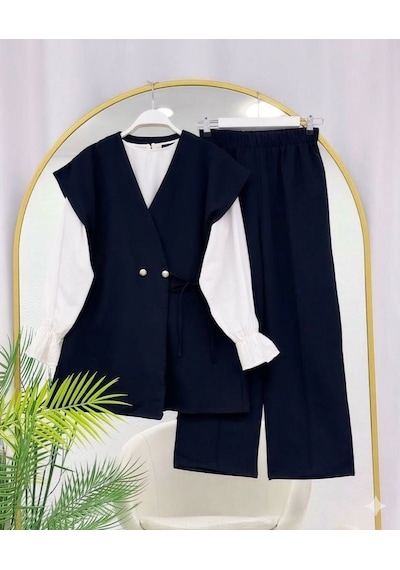 Lovie Moda Kadın Üçlü Şık Takım - Siyah Bej