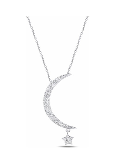 Çekirdekjewelry 925 Ayar Gümüş Sarı Altın Kaplama Taşlı Hilal Yıldız Kolye Gri
