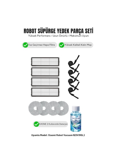 Robot Vacuum 5 Ov31gl İle Uyumlu 4 Yan Fırça 4 Filtre 4 Mop 1 Deterjan 2.0
