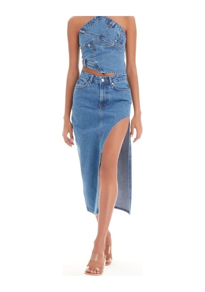 Pass&Pass 2094 Kadın Likrasız Yandan Yırtmaçlı Jeans Kot Denim Etek Mavi