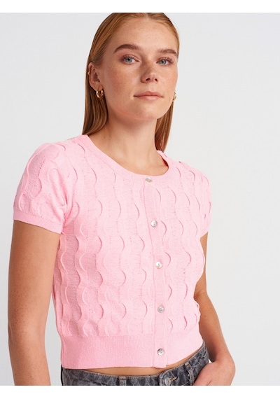 Dilvin 60980 Bisiklet Yaka Dokulu Düğmeli Triko Hırka-pembe Pembe