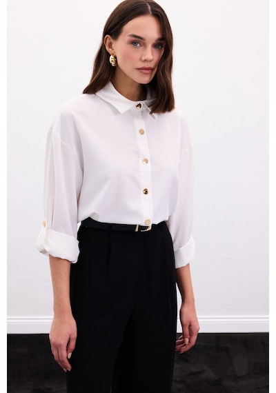 Sateen Çıtçıt Detaylı Gömlek - Ekru-136898 ekru