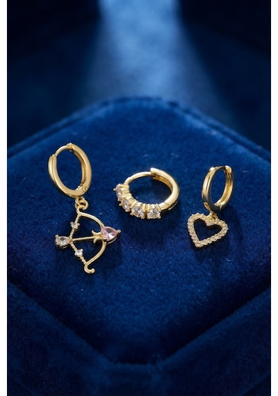 3 Lü Set Küpe Gold Renk Eros Yay Detaylı - Lisinya Altın