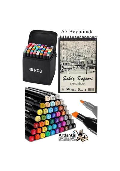 Eskiz Defteri A5 50 Yaprak 100 Gr 1 Adet 48 Renk Çift Taraflı Marker Kalem 48 Adet Touch Çift Uçlu