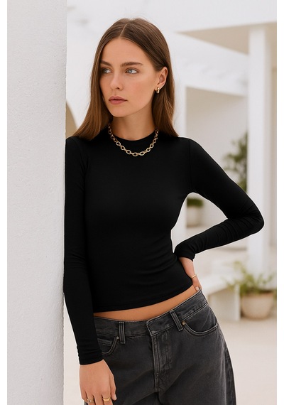 Rich Kadın Siyah Bisiklet Yaka Esnek Kumaşlı Vücuda Oturan Slim Fit Uzun Kollu Crop Body Siyah