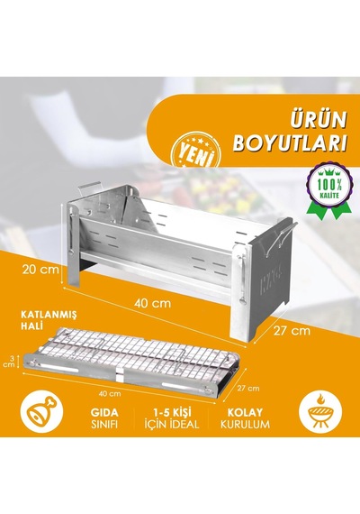 Katlanır Mangal, Paslanmaz Çelik, Barbekü Kömür Mangalı, Izgaralı, Portatif Taşınabilir Pratik Mangal Gümüş