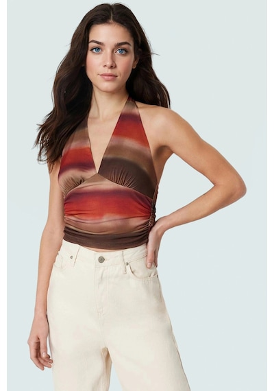 Ersefa Vücuda Oturan Boyundan Bağlamalı Crop Bluz Polyester Elastan Sand Çok Renkli