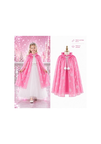 Kar Tanesi Desenli Pembe Elsa Pelerini - Astarlı Frozen Pelerini 85 Cm