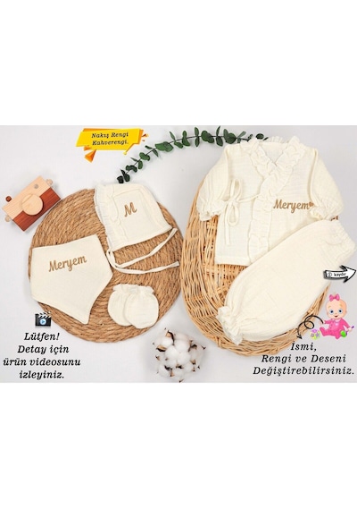 Gros Shop Yeni Doğan Müslin 4'lü Kimono Bağcıklı Tulum %100 Pamuk Organik Kişiye Özgü İsimli Nakış Desenli Ekru-2