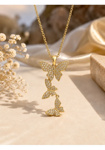 Kelebekli Sallantılı Zirkon Taş Kolye Gold
