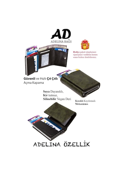 Adelina Bags Adelina Unisex Haki Alüminyum Mekanizmalı Kızaklı Kartlık Cüzdan Haki