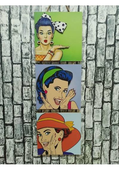 Retro Time Pretty Woman Kabartmalı Baskılı 3'lü Tablo Vintage 1