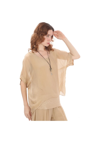 İtalyan Yarasa Kol Pul Payetli İpek Bluz Pantolon Takım Camel