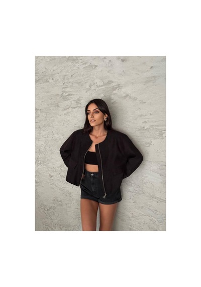 Thıff Gymwear Önü Fermuarlı Süet Kısa Kadın Ceket Mont Siyah