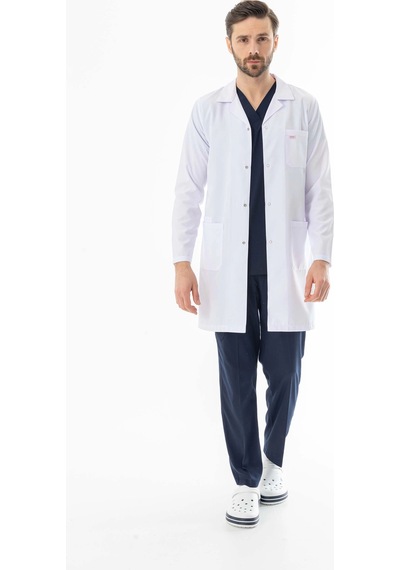 Spor Yaka Uzun Boy Erkek Doktor Önlüğü Alpaka Kumaş Beyaz Beo102 Beyaz