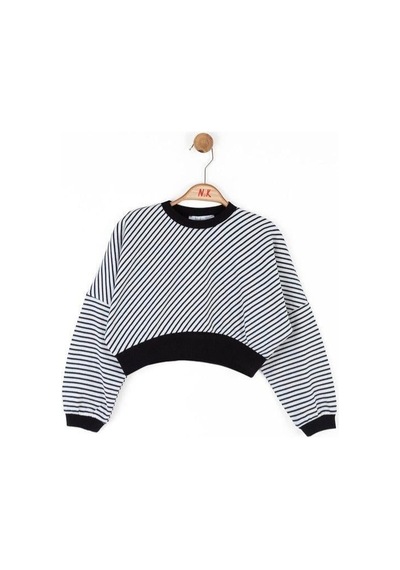 Kız Çocuk Pamuklu Çizgili Crop Sweatshirt-14715 Siyahbeyaz