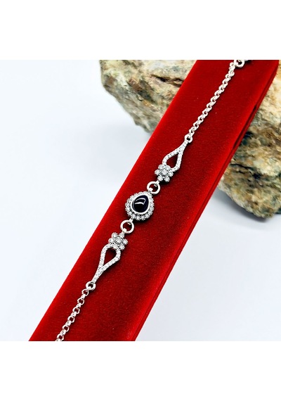 Damla Model Zirkon Ve Oltu Taşı İşçilikli 925 Ayar Gümüş Kadın Bileklik Gümüş