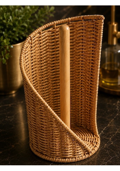 Qerhome Dekoratif Rattan Kağıt Havluluk Standı Bambu Direkli Mutfak Kağıt Havlu Tutacağı Kahverengi