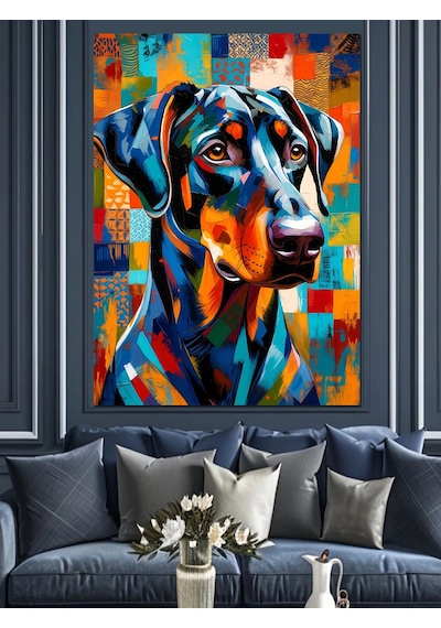 Ahşap Tablo Renkli Geometrik Doberman Köpek Portresi