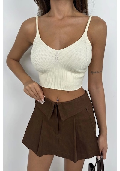 Defymoda V Yaka Crop Bluz Ekru