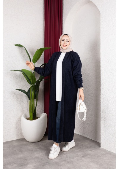 Hira Life Fashion Kadın Şal Yaka Uzun Triko Ve Sakallı Tüylü Hırka Lacivert Lacivert
