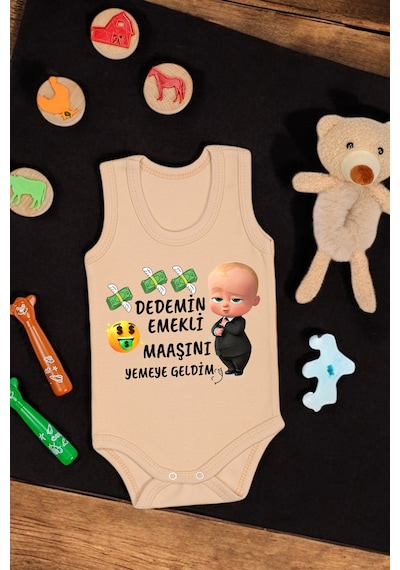 Bebetospik %100 Pamuklu Dedemim Emekli Maaşını Yemeye Geldim Baskılı Yumuşak Doku Baskılı Zıbın & Body Bej