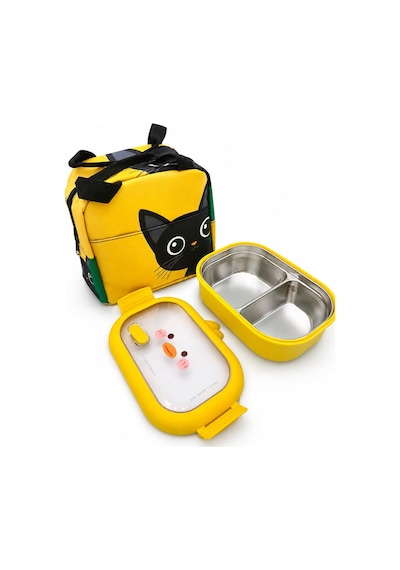 Valkyrie 304 Paslanmaz Çelik Çocuk Beslenme Kabı Kedili Termal Çantalı 2 Bölmeli Lunch Box Yemek Kabı Sarı