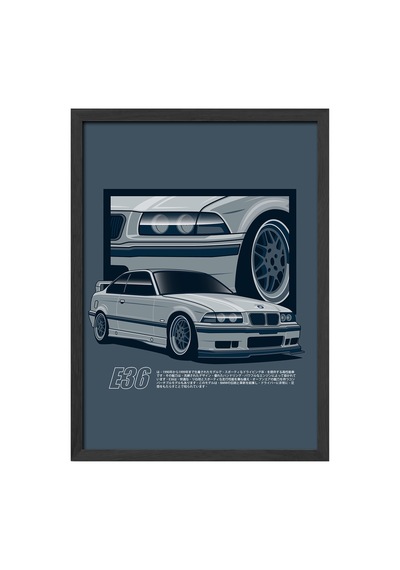 Bmw E36 Siyah Ahşap Çerçeveli Poster, Dekoratif Araba Duvar Tablosu