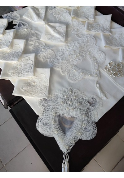 12 Kişilik Masa Örtüsü Takımı, Masa Seti 12 Kişilik 26 Parça 160x220cm Yarım Dantelli Diğer