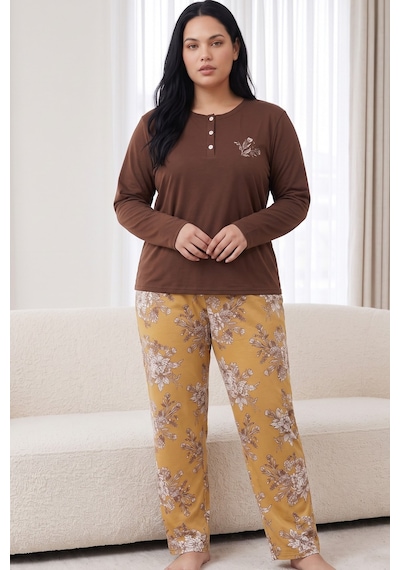 Siyah İnci Düğmeli Pamuklu Likralı Büyük Beden Battal Boy Örme Pijama Takım 26240958 Kahverengi