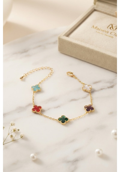 Renkli Kristal Taşlı Gold Renk Yonca Model Kadın Bileklik - Lisinya Diğer