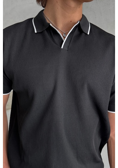 Erkek Oversize Selanik Polo Yaka Triko T-shirt Siyah
