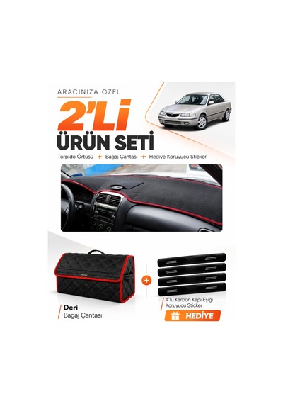 E-biz Mazda 626 Airbagsiz 1998-2000 Uyumlu Torpido Örtüsü + Deri Çanta - Siyah-kırmızı - Ma010