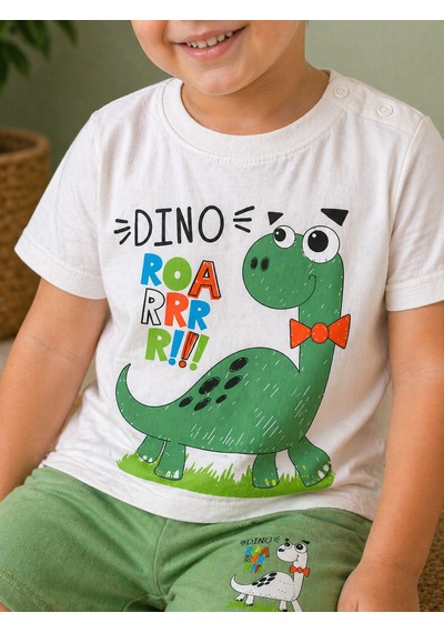 Durukoza Erkek Bebek Dinozor Baskılı Şortlu Takım %100 Pamuk Yazlık Omuz Düğmeli Beyaz - Yeşil