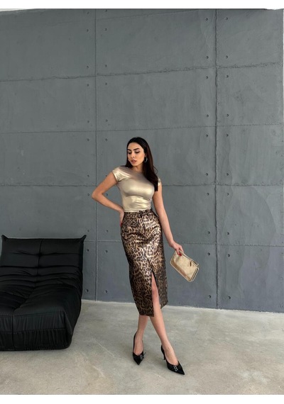 Zeo Basic Varak Baskılı Leopar Desnli Midi Etek Varak Leopar
