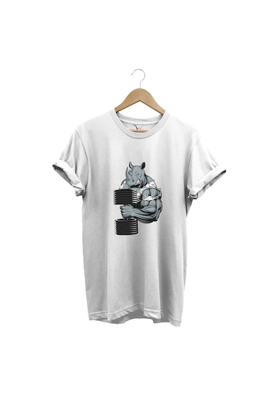 Gym Sporcu Fitness Dumbell Kaldıran Boğa Regular Fit %100 Pamuk Beyaz T-shirt Beyaz