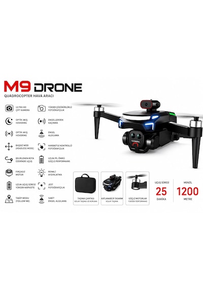 M9 Dron Katlanabilir Ekranlı Kumanda 4k Çift Çift Lens Fvp Kameralı Wi-fi Canlı Görüntü Aktarımı Takip Et Modu Katlanabilir Özel Çantalı 360 Dere Engel Algılamalı Fırçasız Motor Renkli Aydınlatma