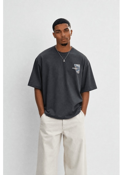Respire Erkek Itsbyzey Nakış Detaylı Oversize T-shirt Füme