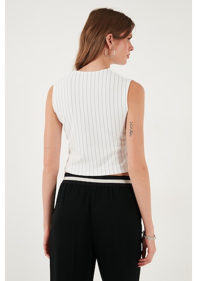 Lela Streç Fitted Fit V Yaka Düğmeli Bayan Yelek 5865971 Beyaz-Siyah