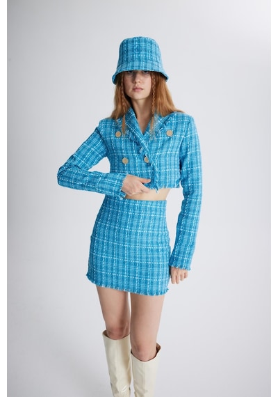 Holly Lolly Tüvit Kumaş Mini Tweed Etek Mavi