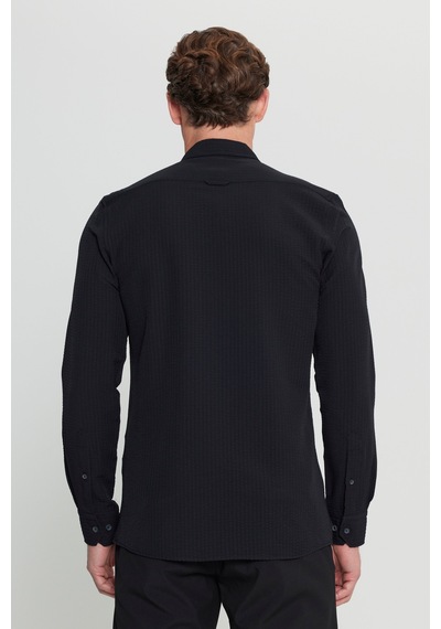 AC&Co / Altınyıldız Classics  Erkek Sıyah Slim Fit Dar Kesim Düğmeli Yaka Armürlü Gofre Desenli Gömlek Siyah