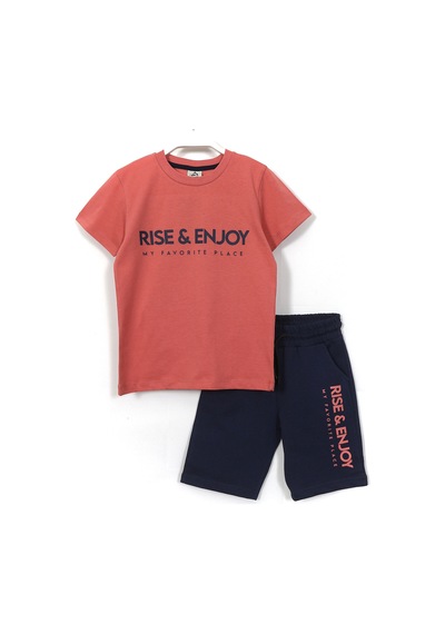 Dobakids Rise Enjoy Slogan Baskılı Erkek Çocuk Yazlık 2'li Takım 8-15 Yaş Mercan