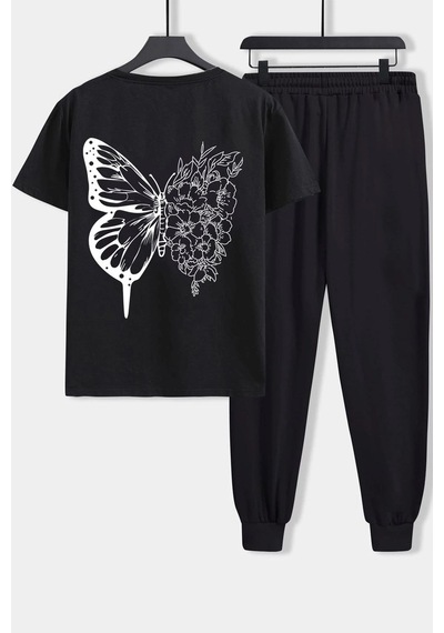Uyguntarz Unisex Drawing Butterflies Baskılı 2'li Eşofman Takımı Siyah