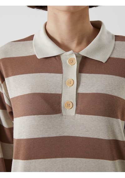 Lcwaıkıkı Classic Kahverengi Polo Yaka Çizgili Kadın Tişört