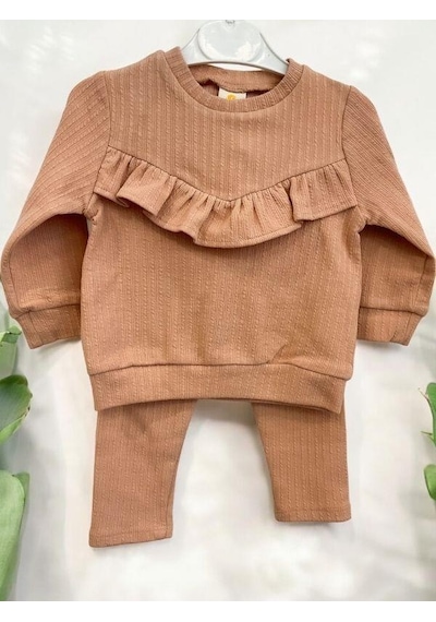 Zekids Kız Çocuk Pamuklu Fırfır Detaylı Taytlı Takım-14295 Kahverengi