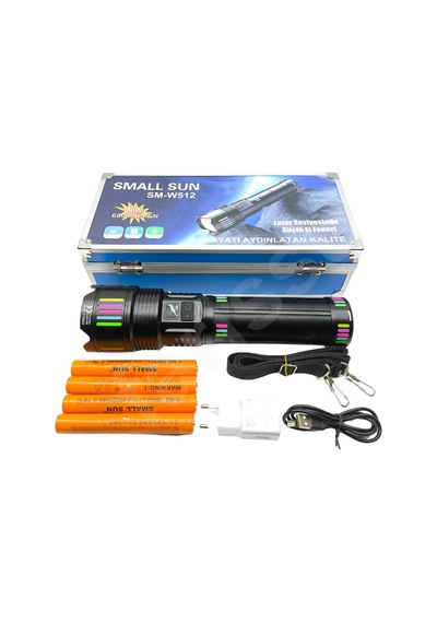 60w 6000 Lümen Şarjlı El Feneri - 2 Km Menzilli, 19200 Mah Dev Pil Kapasitesi, Zoom Özellikli Lazer Odaklı Siyah
