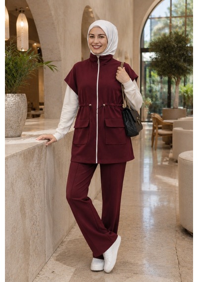 Bordo Yelekli 2 Li Takım Modern, Rahat Ve Şık Günlük Kombin