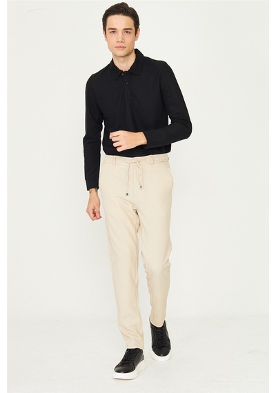 Bej Mikro Desenli Bağcıklı Modern Jogger Pantolon Bej