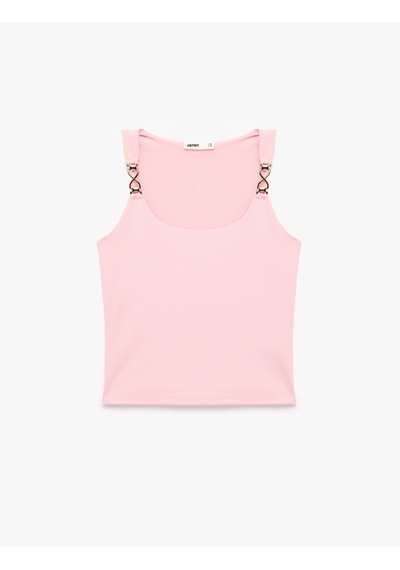 Koton Krep Scuba Kumaş Kolsuz U Yaka Metal Aksesuar Detaylı Bluz Pembe 6sak10019uk Gül