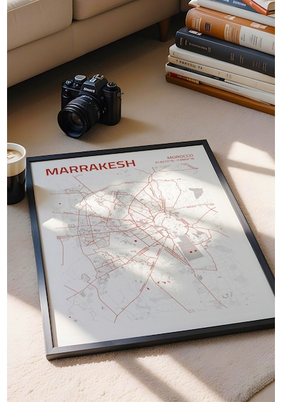 Marakeş Fas Morocco Haritası Çerçeveli Tablo Lüks Salon Ofis Duvar Dekorasyonu Hediyelik Tablo Siyah
